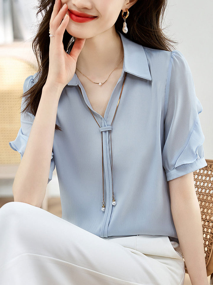 Elizabeth Elegant Lapel Chain Chiffon Shirt-White