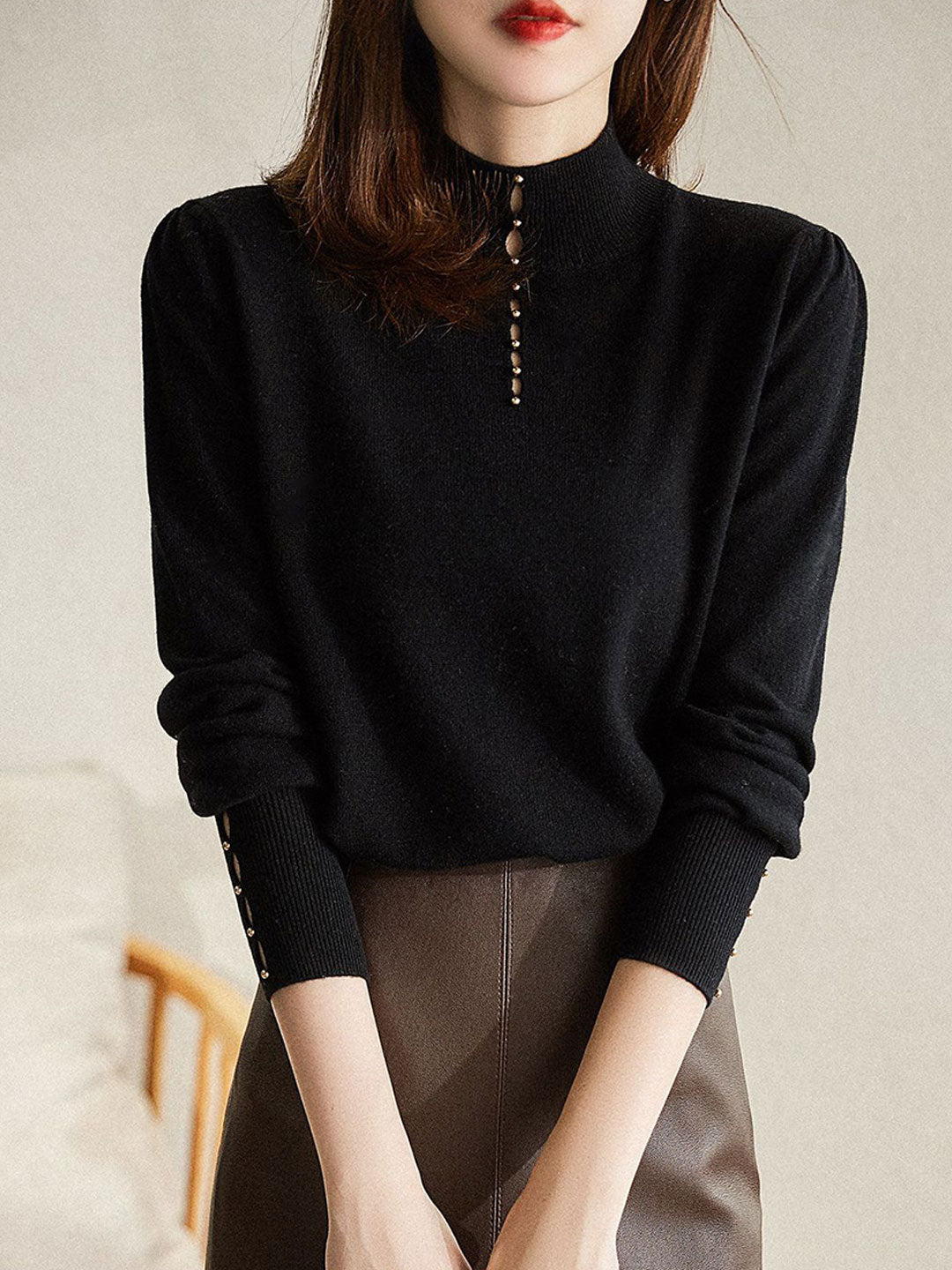 Lauren Loose Beaded Turtleneck Knitted Top