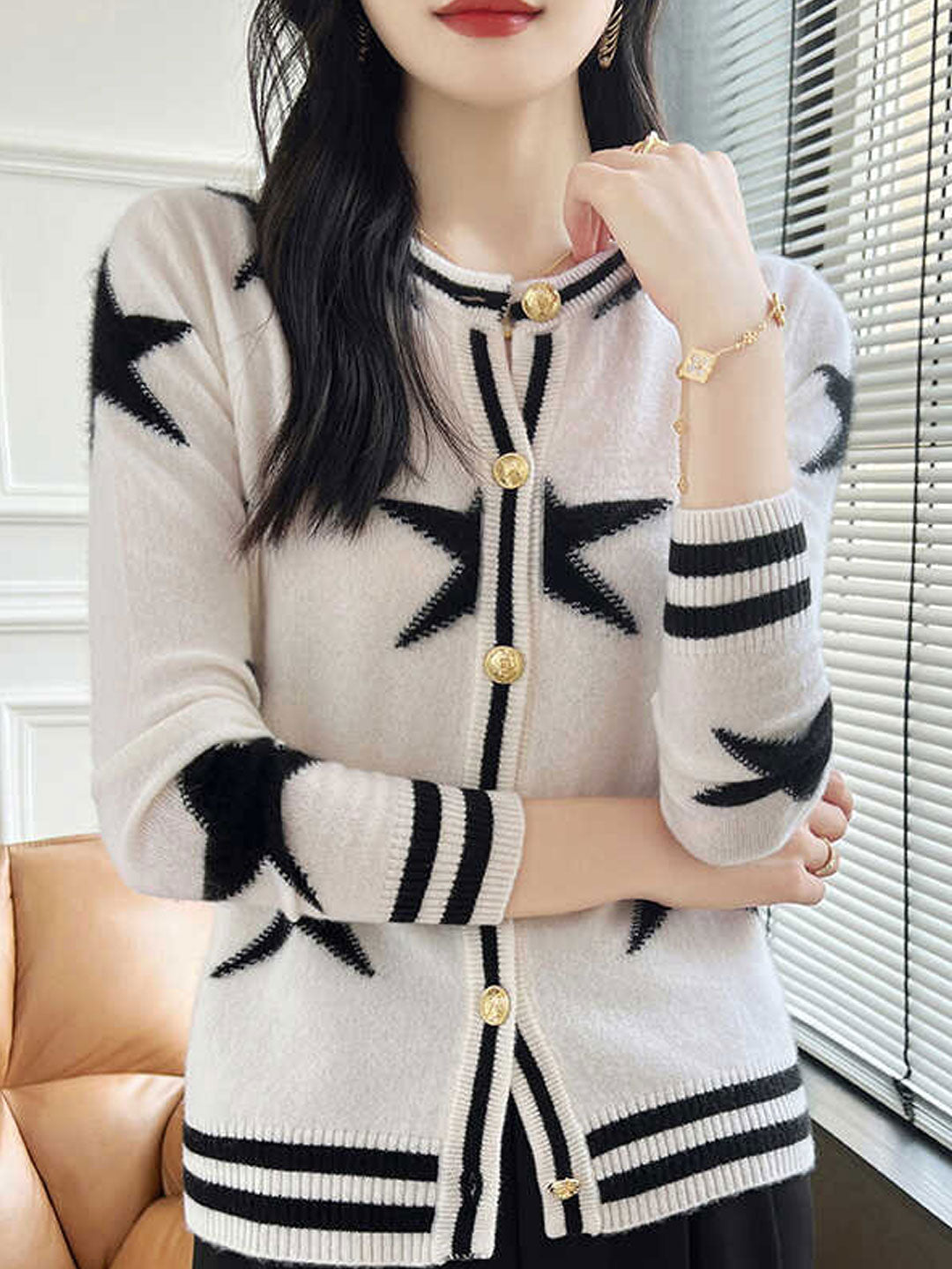 Ava Loose Crew Neck Jacquard Knitted Cardigan