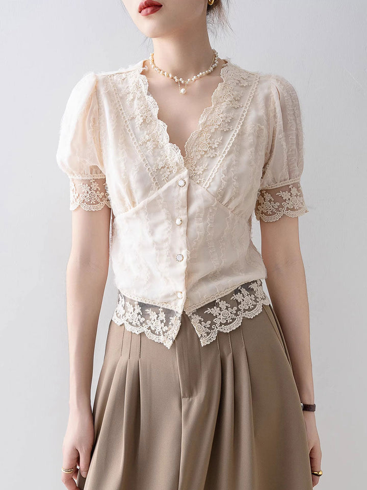 Anna Retro V-Neck Flare Sleeve Hollowed Lace Top