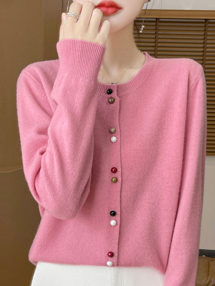 Mya Loose Crew Neck Solid Color Knitted Cardigan-Pink