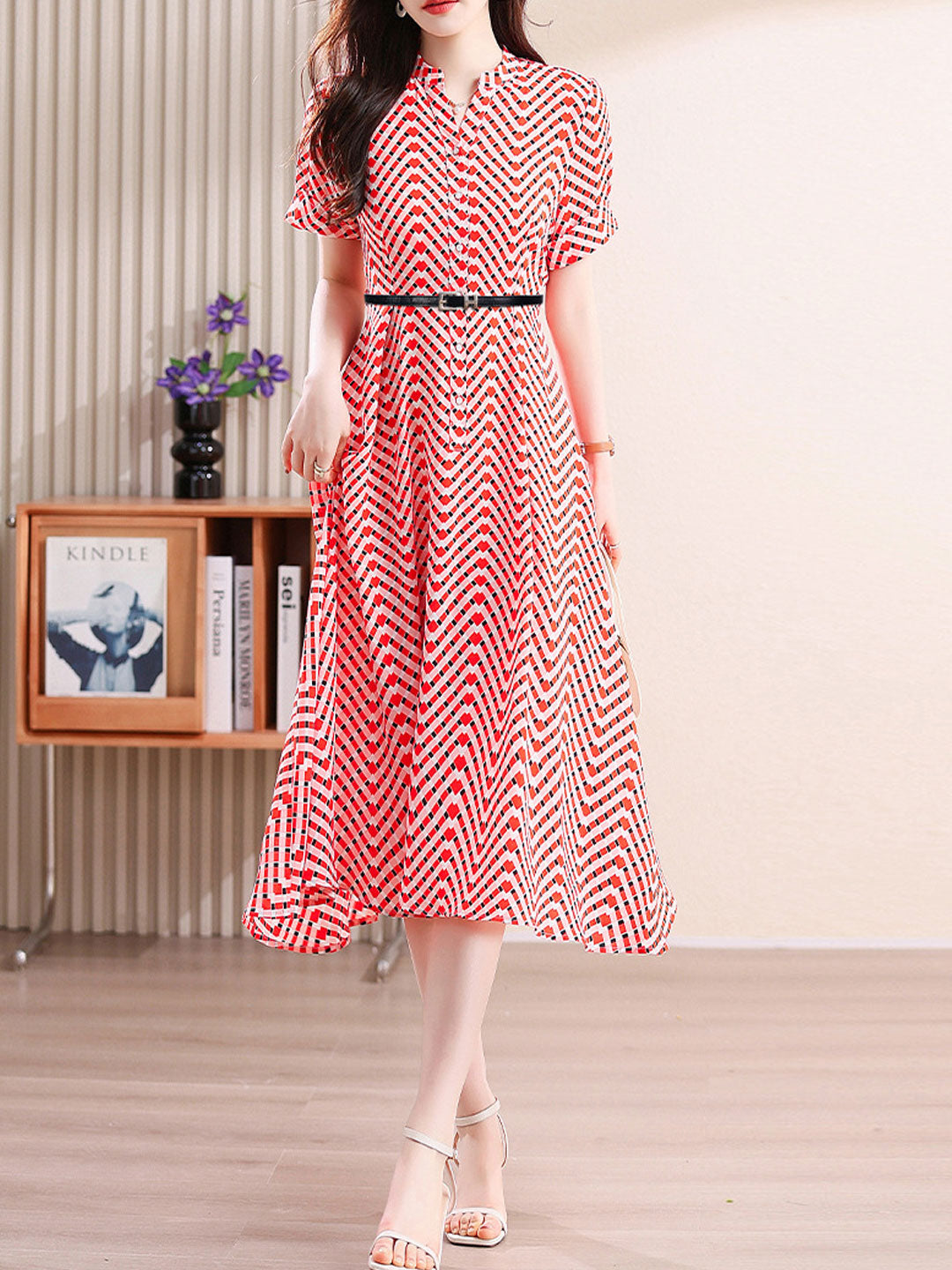 Caroline Casual V-neck Plaid Printed Chiffon Dress