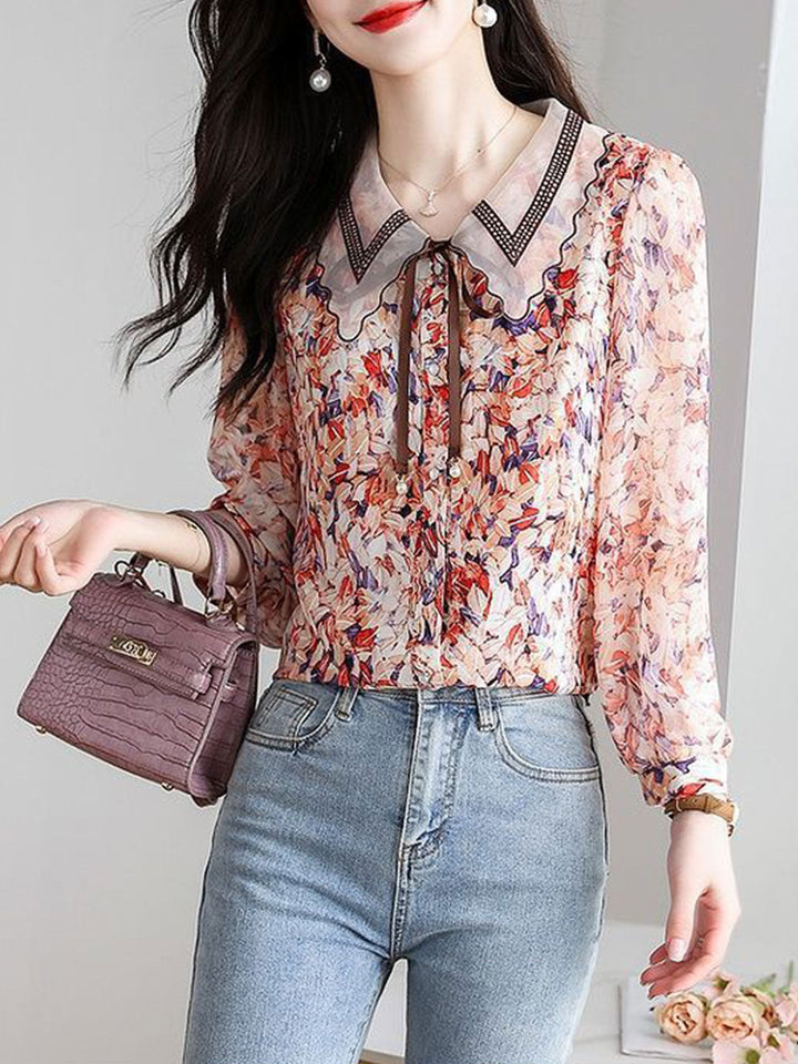 Rachel Classic Printed Floral Chiffon Shirt-Red