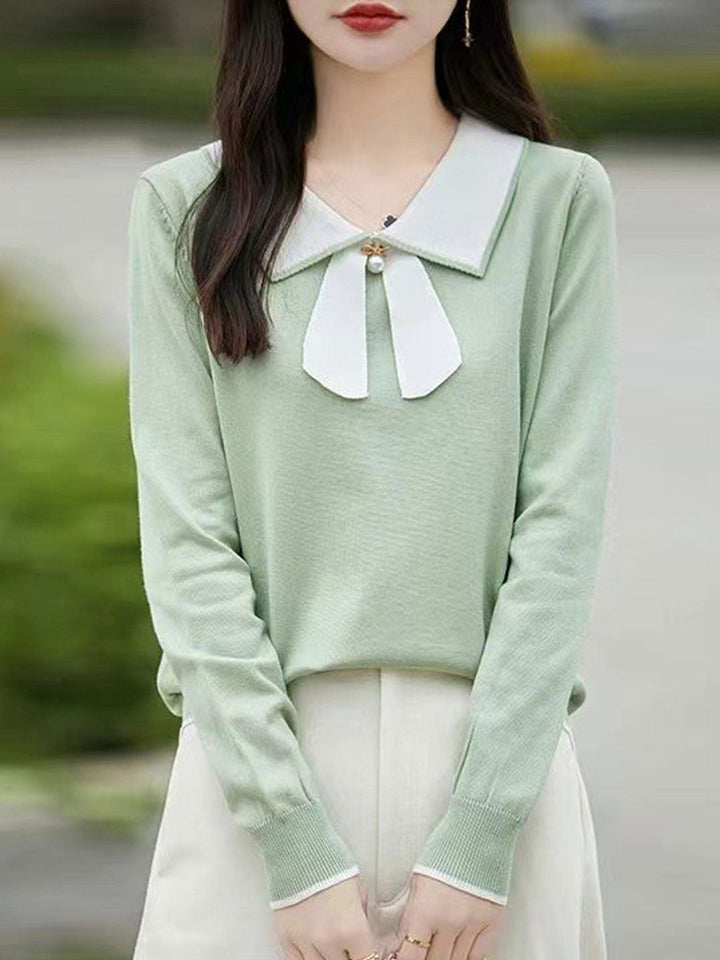 Natalie Cute Doll Collar Bow Colorblock Knitted Top