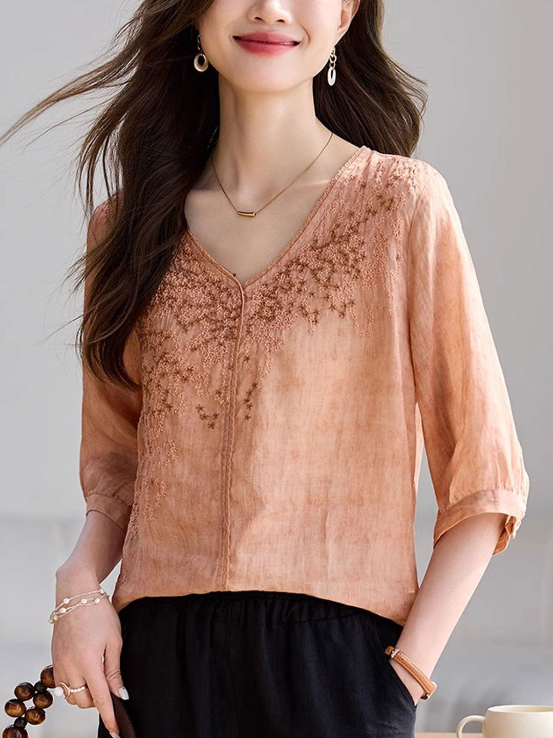 Arianna Vintage V-Neck Embroidered Top