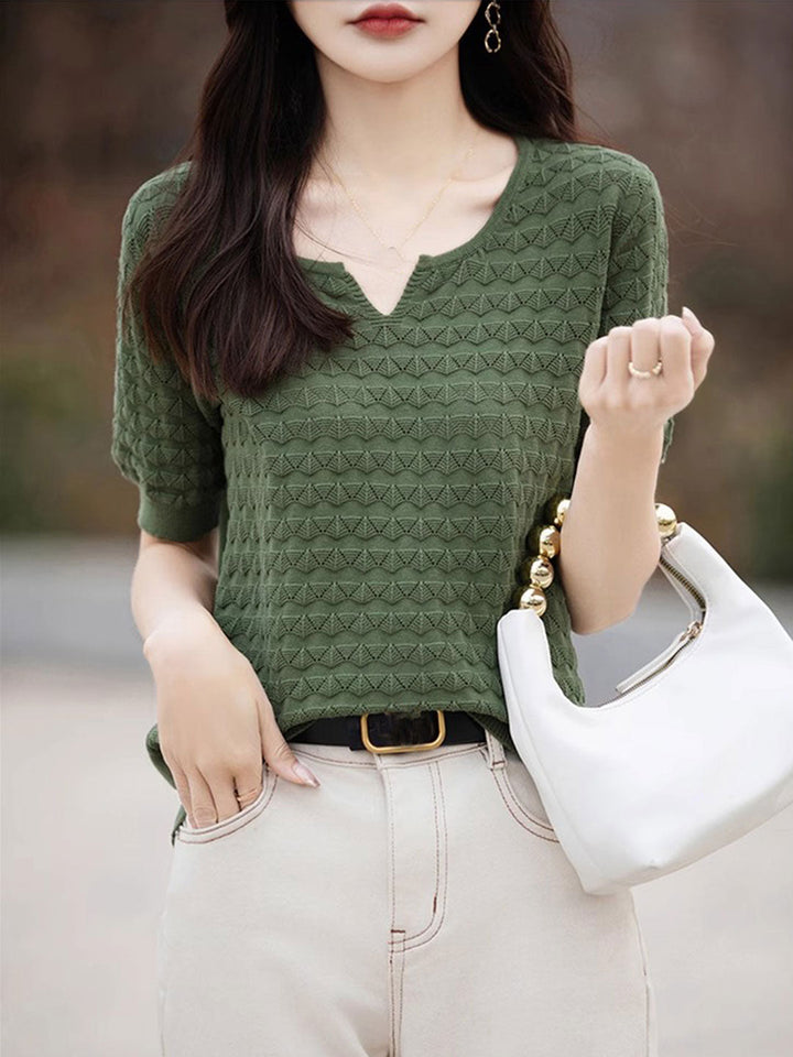 Chloe Loose Crew Neck Hooked Knitted Top-Green