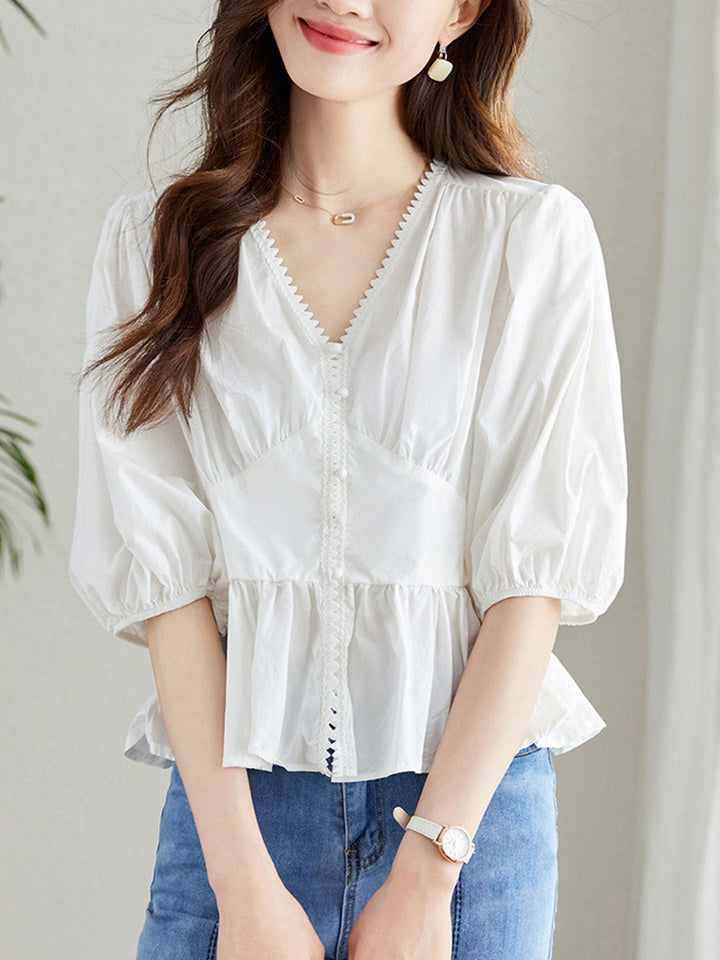 Anna Loose V-Neck Lantern Sleeve Top