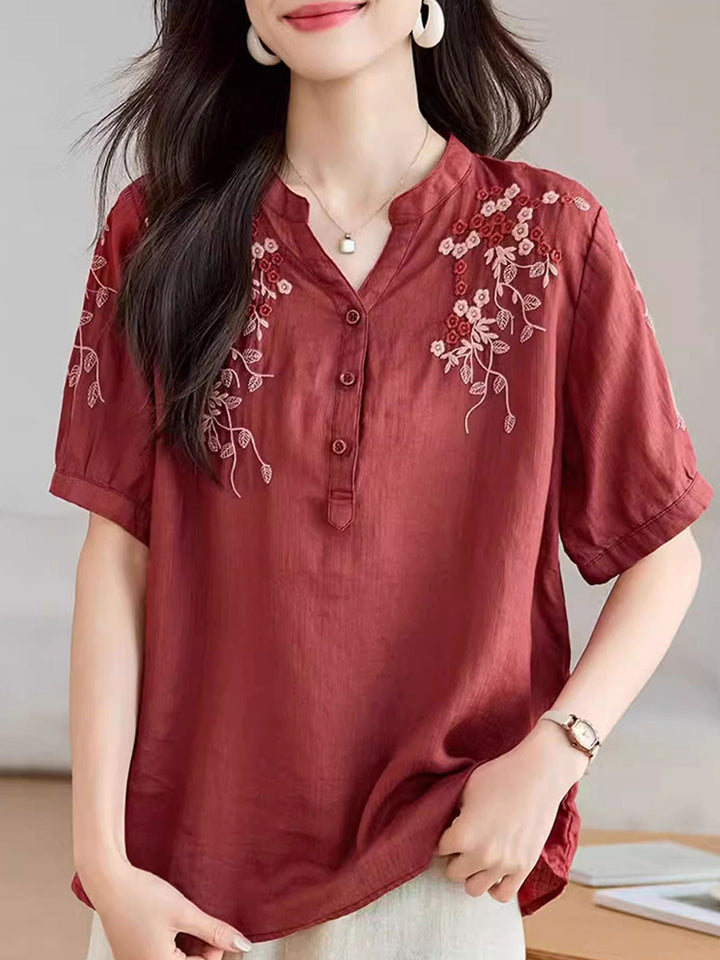 Sarah Classic V-Neck Embroidered Printed Top