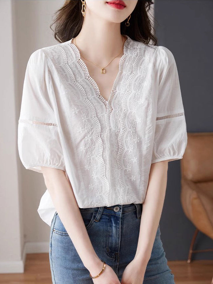 Olivia Retro V-Neck Lace Embroidered Top