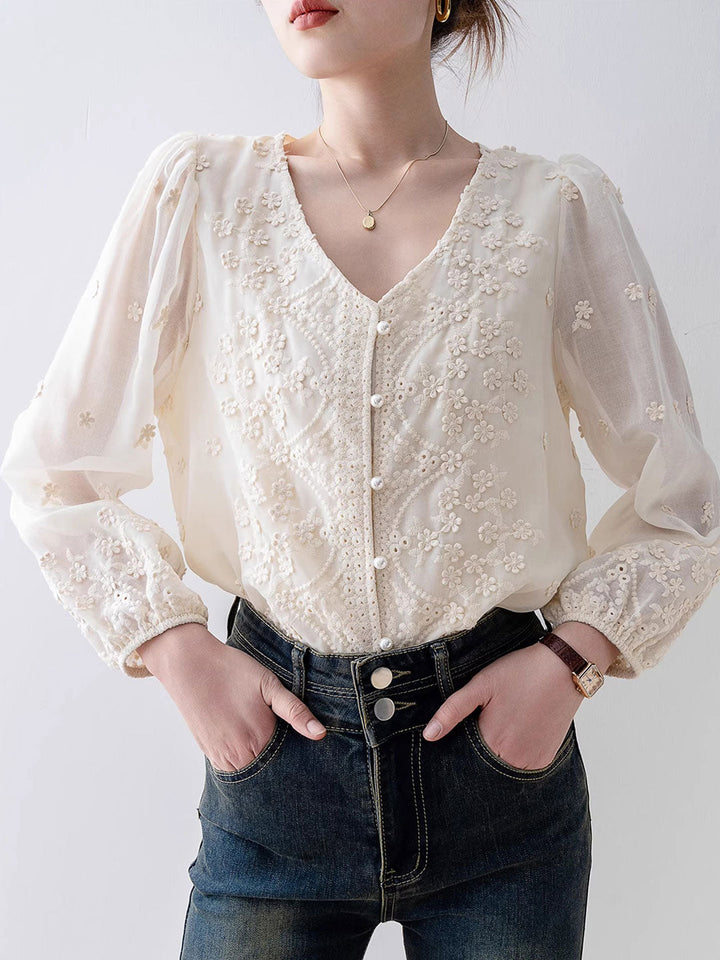 Taylor Retro V-Neck Lace Chiffon Blouse