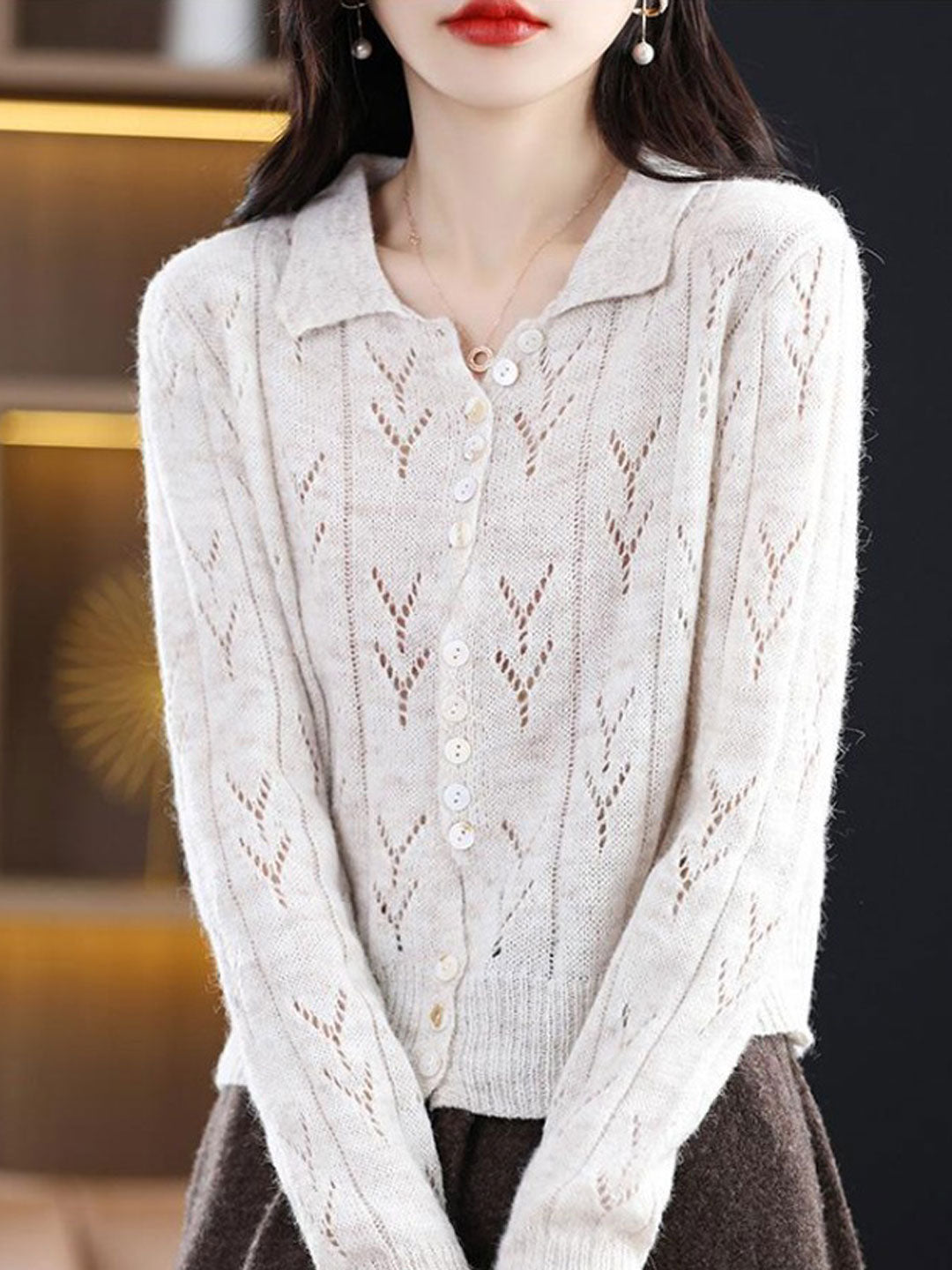 Natalie Polo Collar Solid Color Hollowed Knitted Cardigan