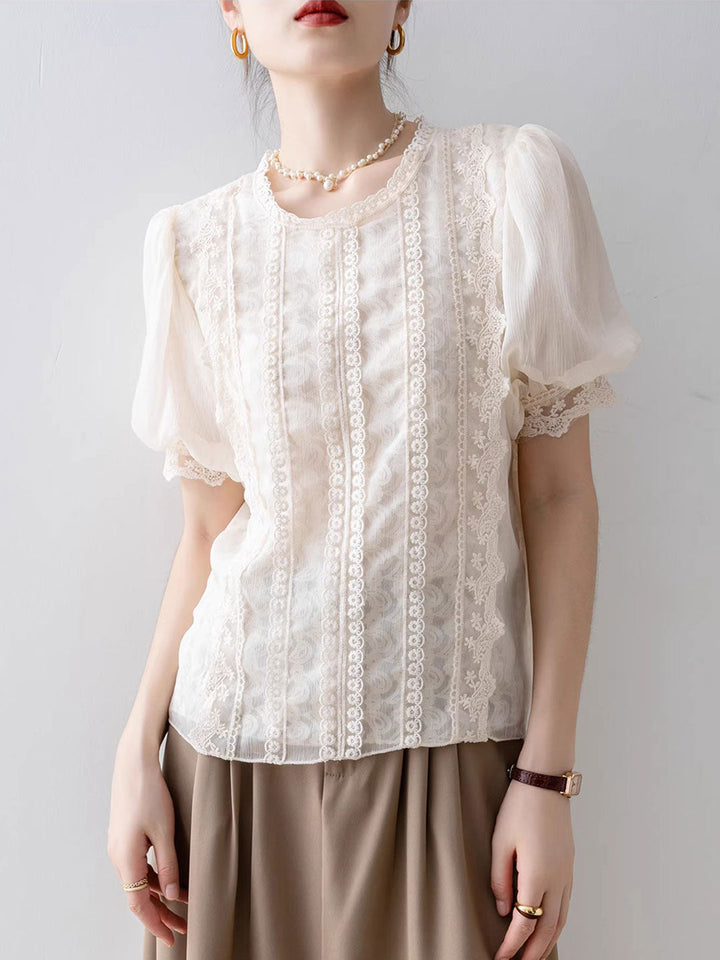 Lillian Retro Crew Neck Puff Sleeve Lace Chiffon Blouse