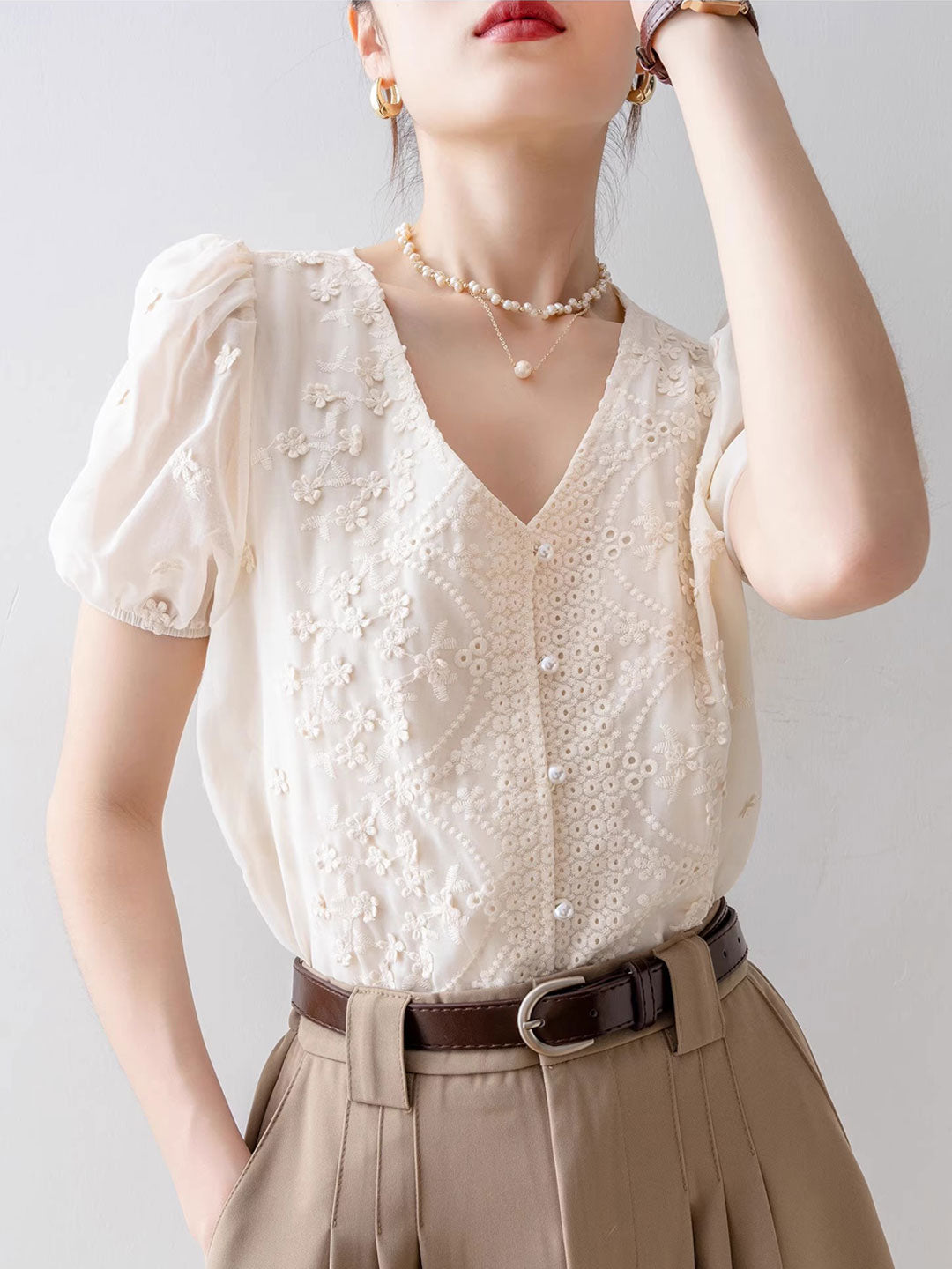 Hailey Classic V-Neck Puff Sleeve Lace Chiffon Top