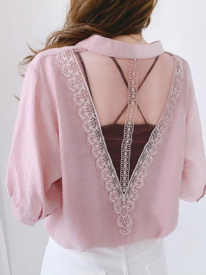 Morgan Classic V-Neck Lace Hollowed Chiffon Top