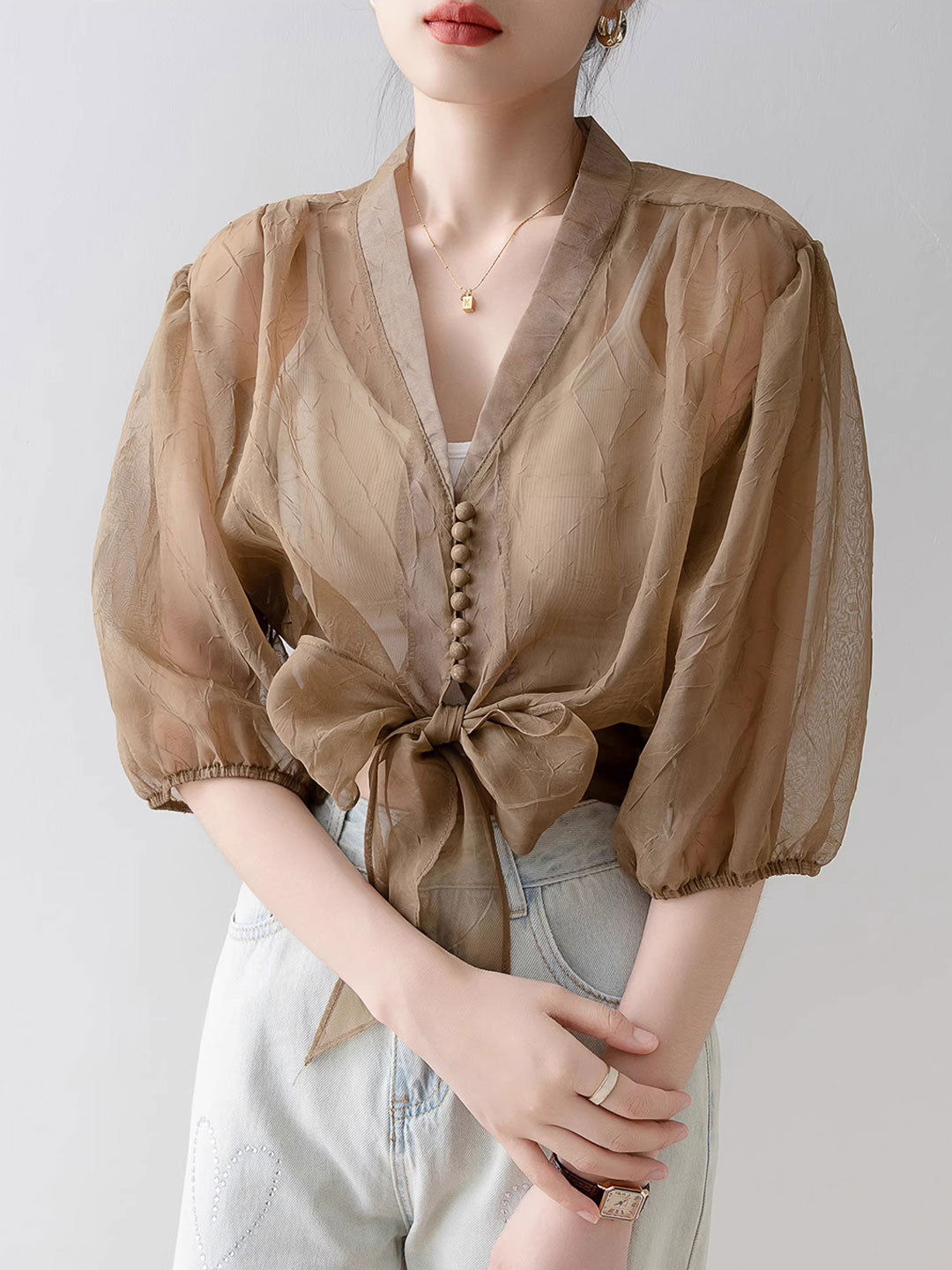 Alyssa Retro V-Neck Lantern Sleeve Chiffon Shirt