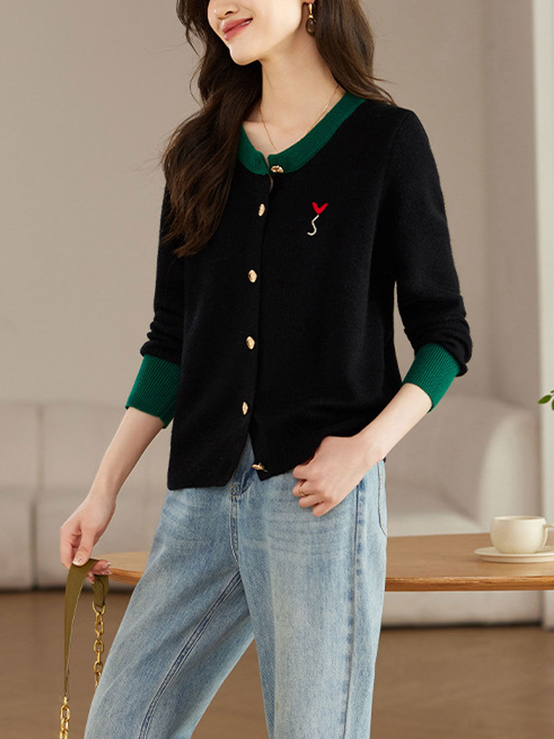 Ruby Loose Crew Neck Contrast Embroidered Knitted Cardigan