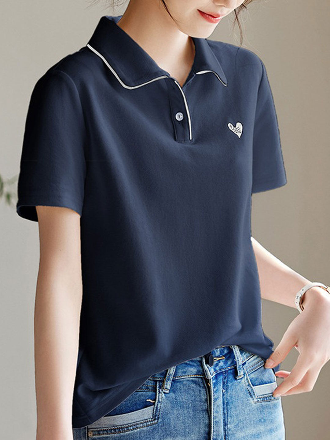 Anna Casual Polo Collar Hearted Top