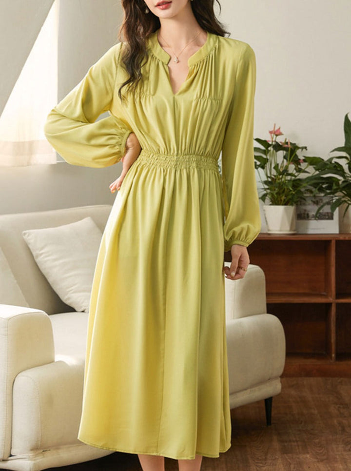 Serenity Elegant Lantern Sleeve Pleated High Waist Dress-Green