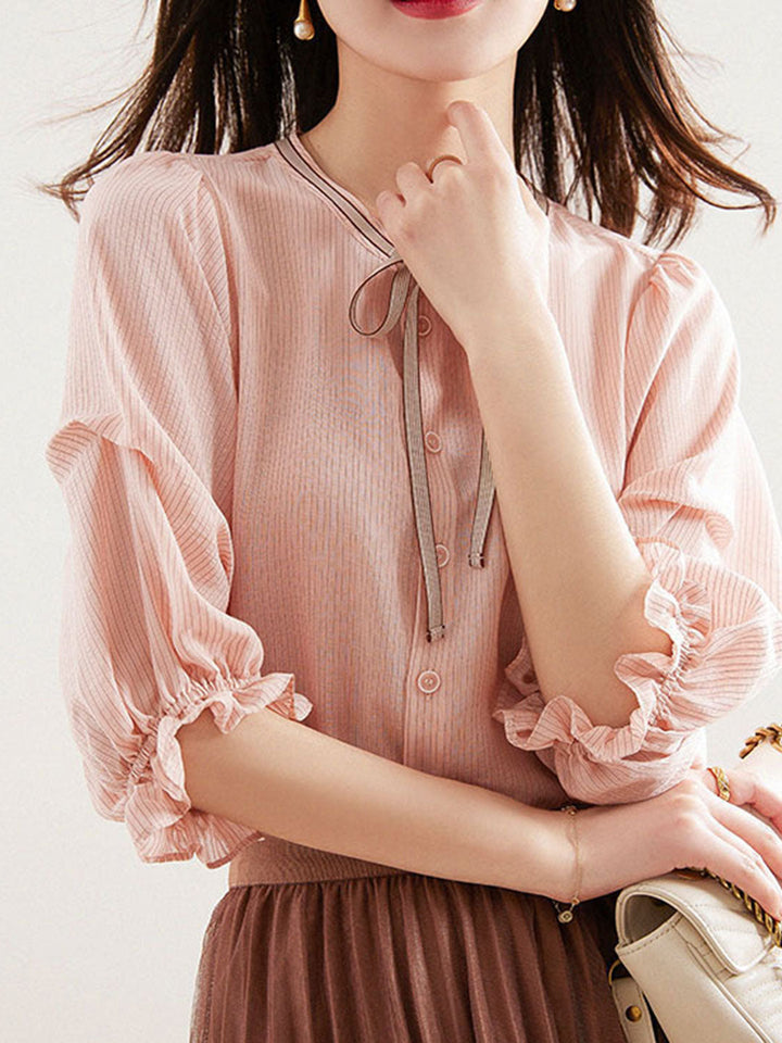 Bella Elegant Bow Tie Striped Shirt Top