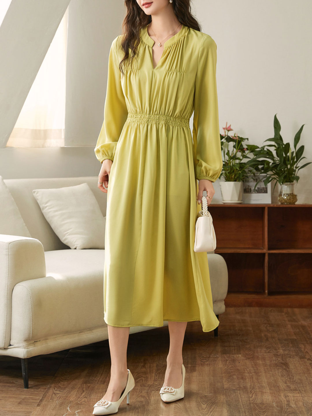 Serenity Elegant Lantern Sleeve Pleated High Waist Dress-Green