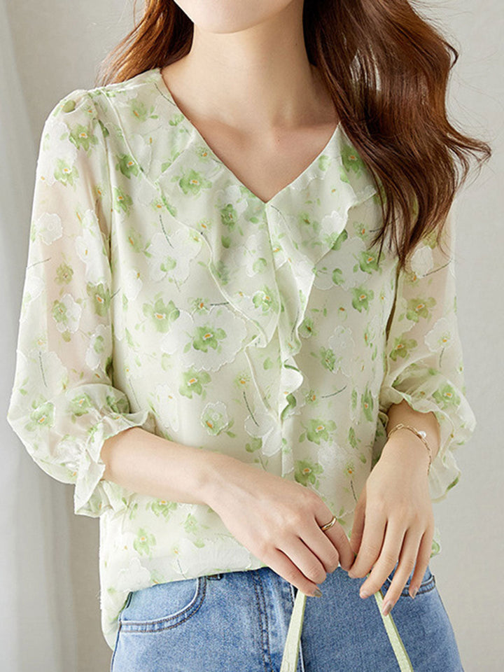 Trinity Vacation Chiffon Printed Ruffle Top