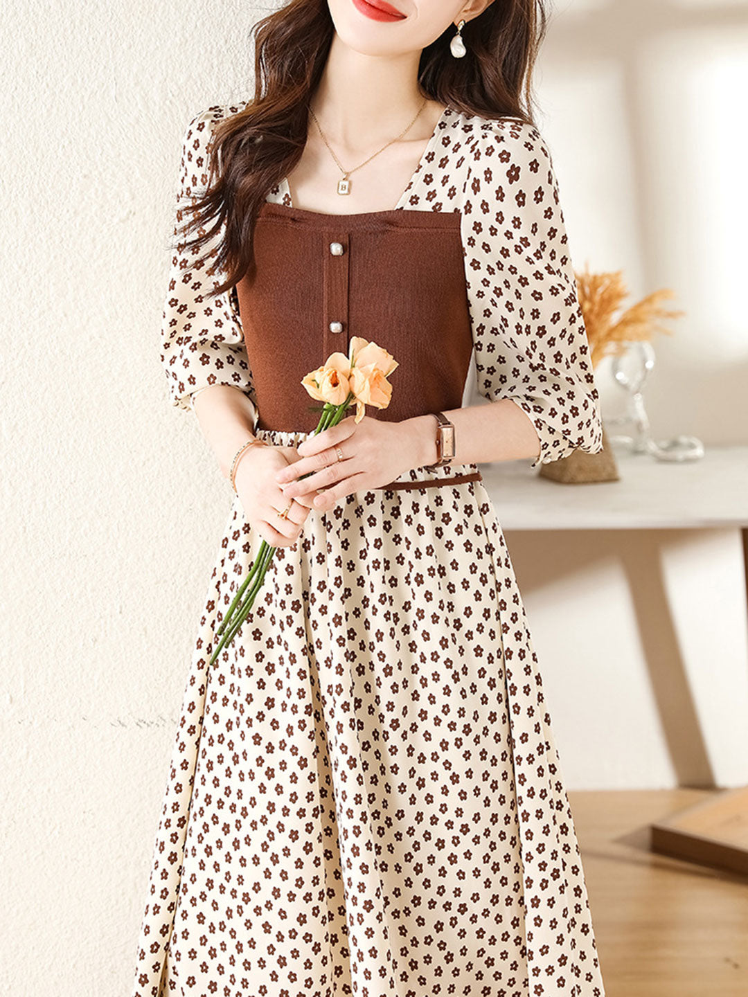 Andrea Elegant Square Neck Floral Knitted Dress