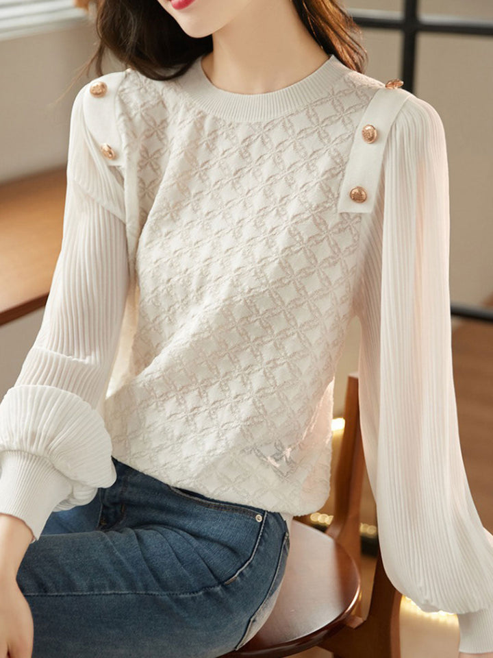 Alyssa Elegant Balloon Sleeve Knitted Blouse-White