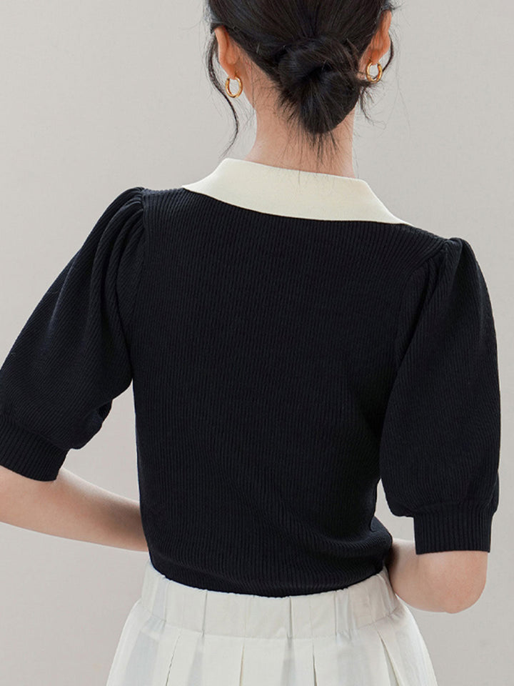 Alexis Retro Lapel Puff Sleeve Knitted Tops-Black