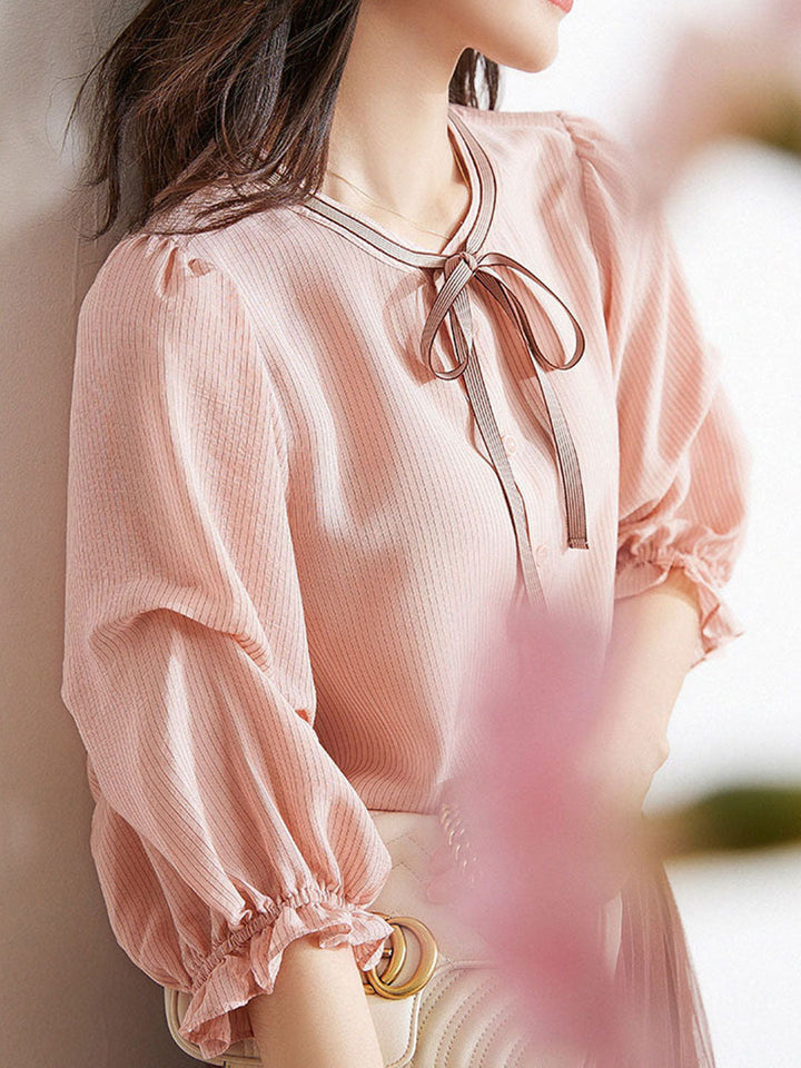 Bella Elegant Bow Tie Striped Shirt Top