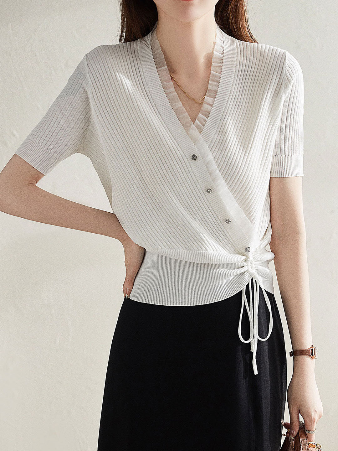 Sydney Elegant V-neck Drawstring Knitted Shirt Top-White