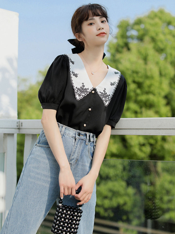 Alexis Retro Embroidered Collar Shirt Top-Black