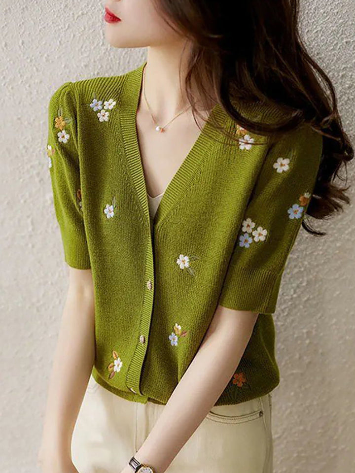 Bella Elegant Olive Embroidery Knitted Cardigan