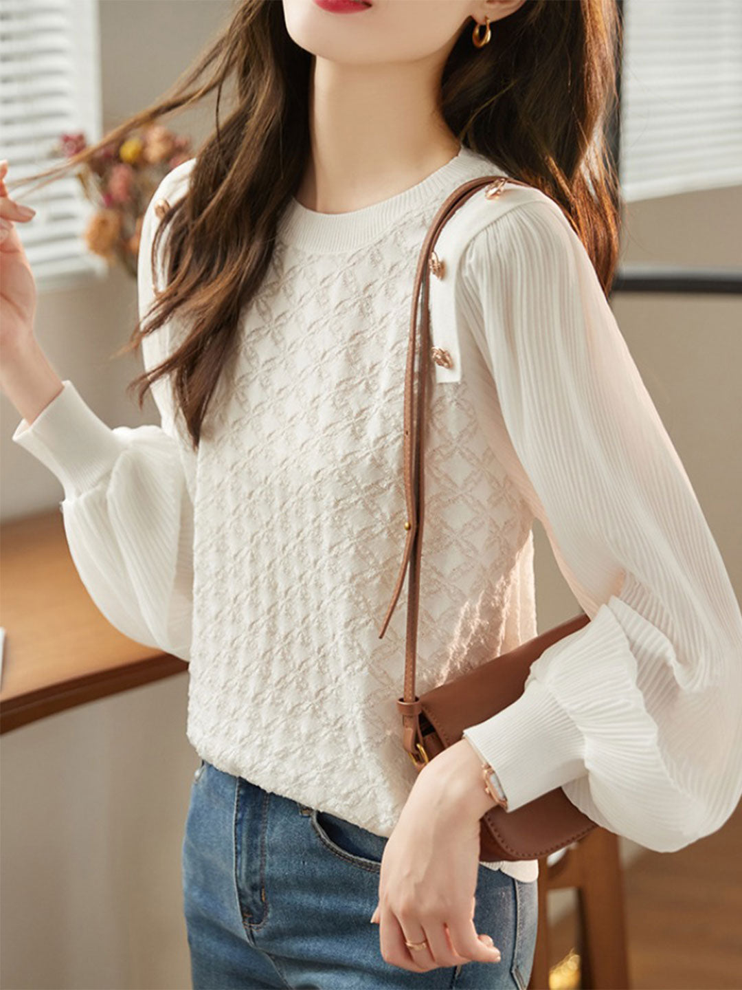 Alyssa Elegant Balloon Sleeve Knitted Blouse-White