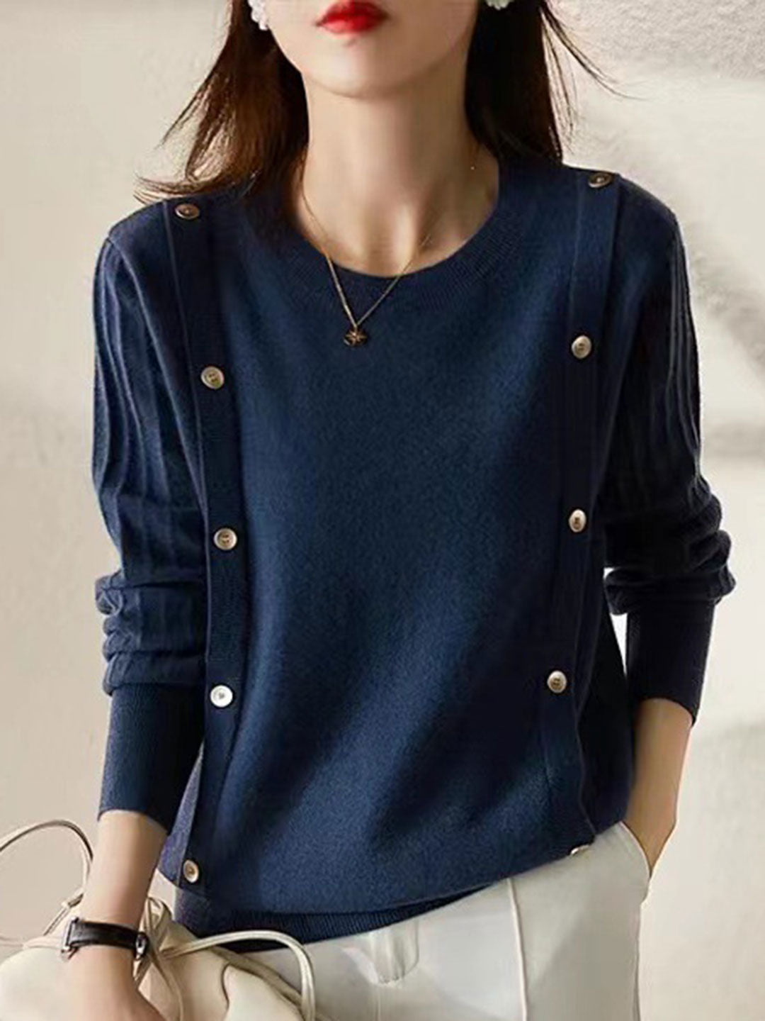 Gemma  French Style Crew Neck Double-Breasted Sweater