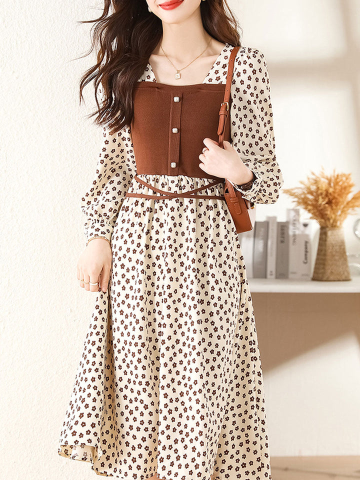 Andrea Elegant Square Neck Floral Knitted Dress