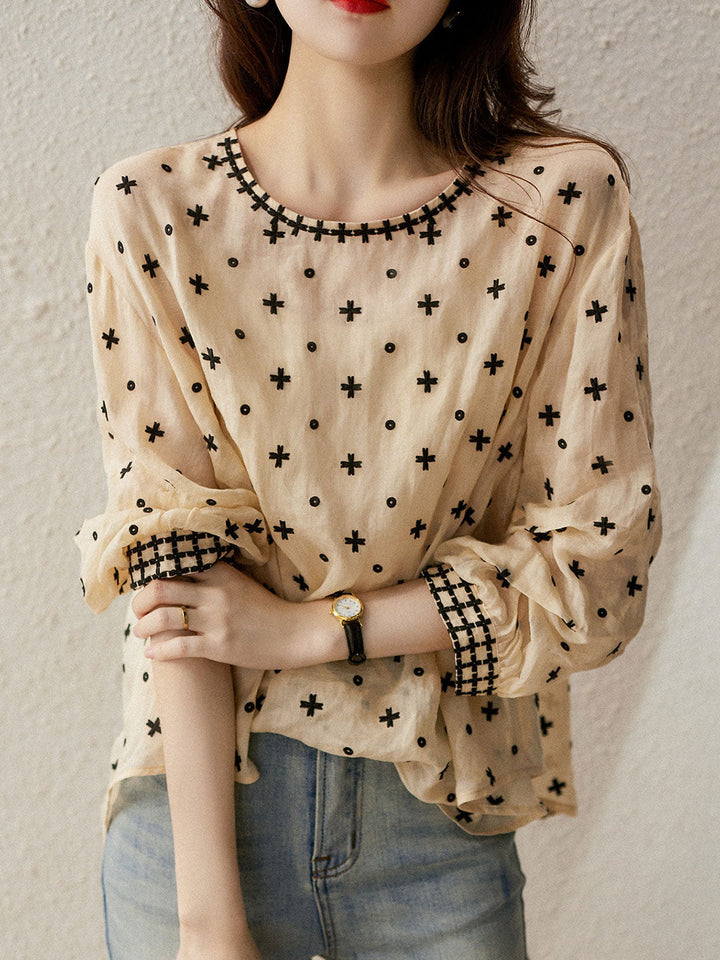 Alexa Classic Embroidered Round Neck Puff Sleeve Top-Beige