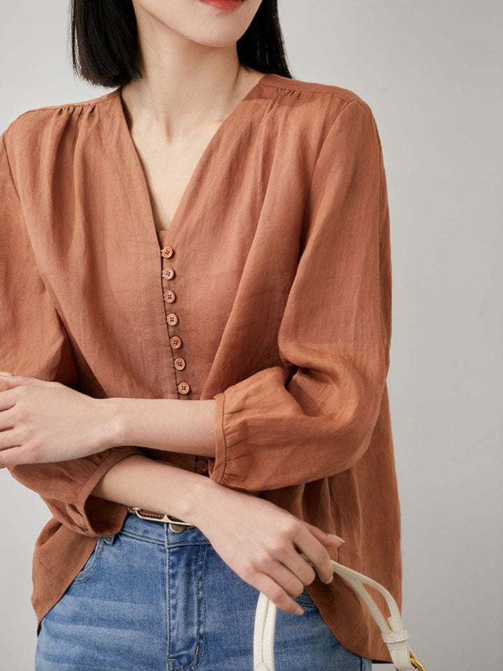 Molly Elegant Puff Sleeve Loose Shirt-Brown