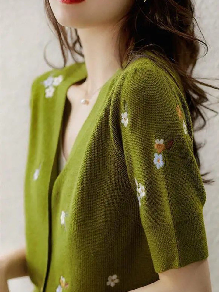 Bella Elegant Olive Embroidery Knitted Cardigan