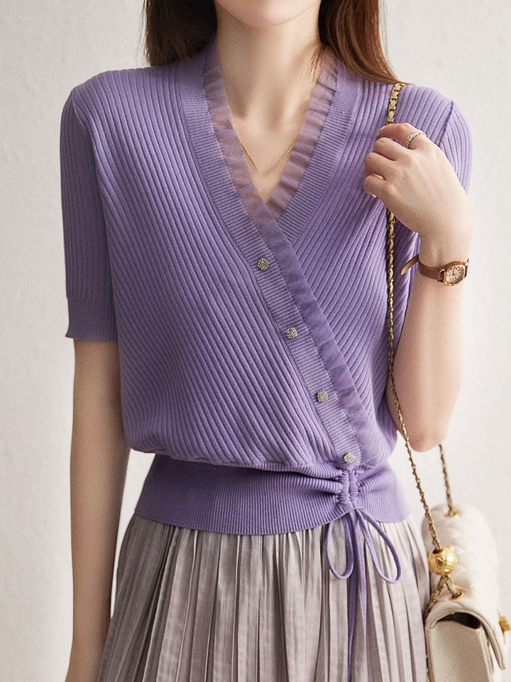 Sydney Elegant V-neck Drawstring Knitted Shirt Top-Purple