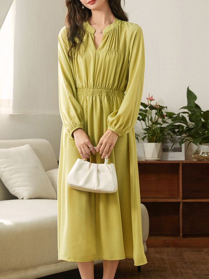 Serenity Elegant Lantern Sleeve Pleated High Waist Dress-Green