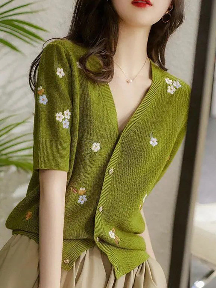 Bella Elegant Olive Embroidery Knitted Cardigan