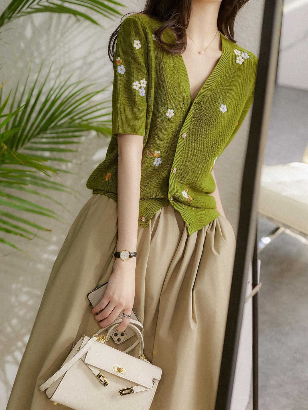 Bella Elegant Olive Embroidery Knitted Cardigan