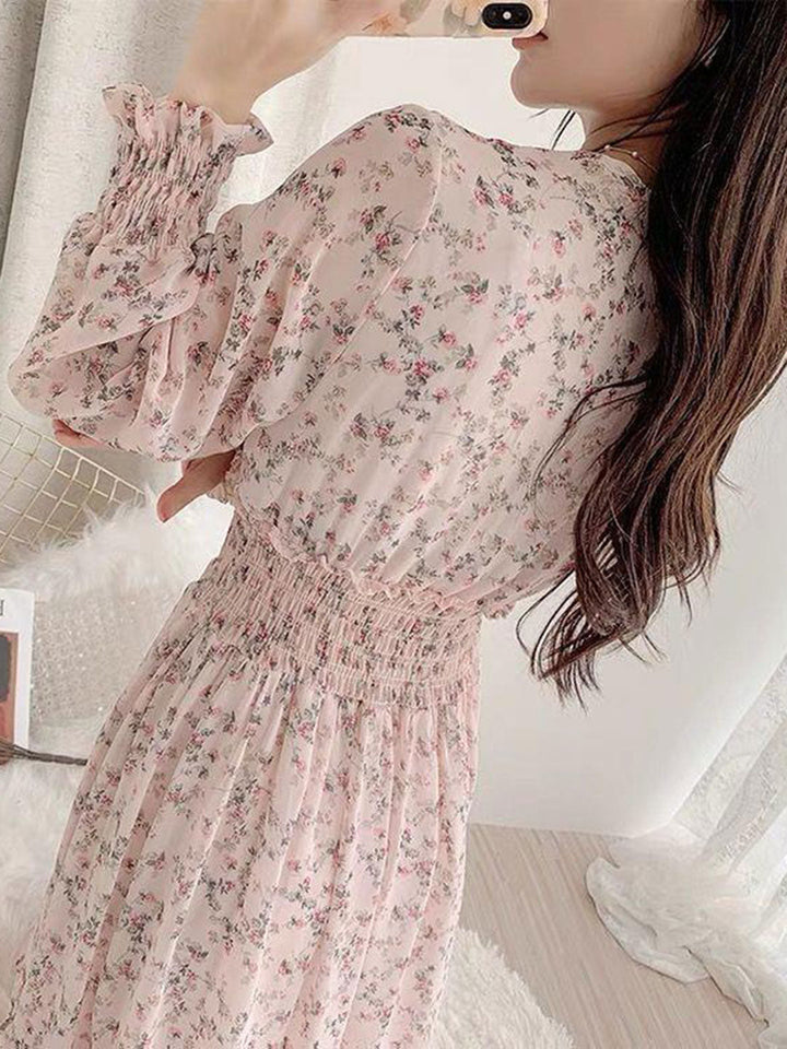 Zoey Classic Floral Ruffle Chiffon Dress-Light Pink