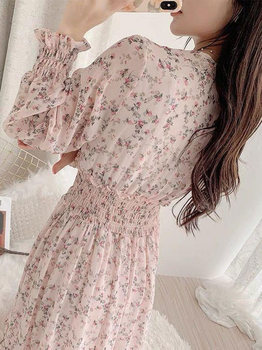 Zoey Classic Floral Ruffle Chiffon Dress-Pink