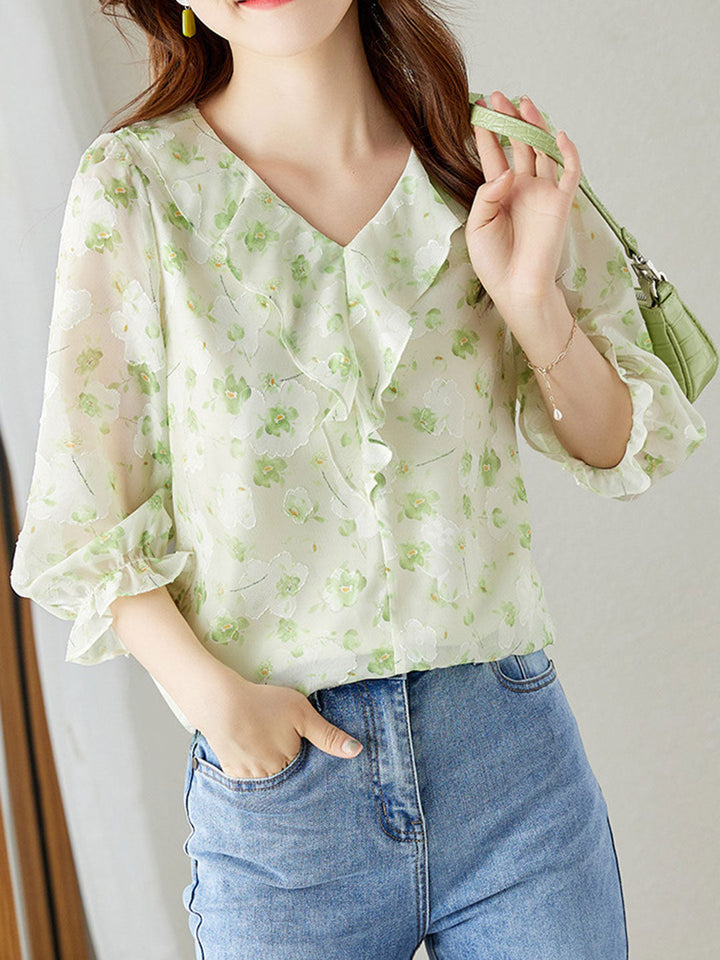 Trinity Vacation Chiffon Printed Ruffle Top