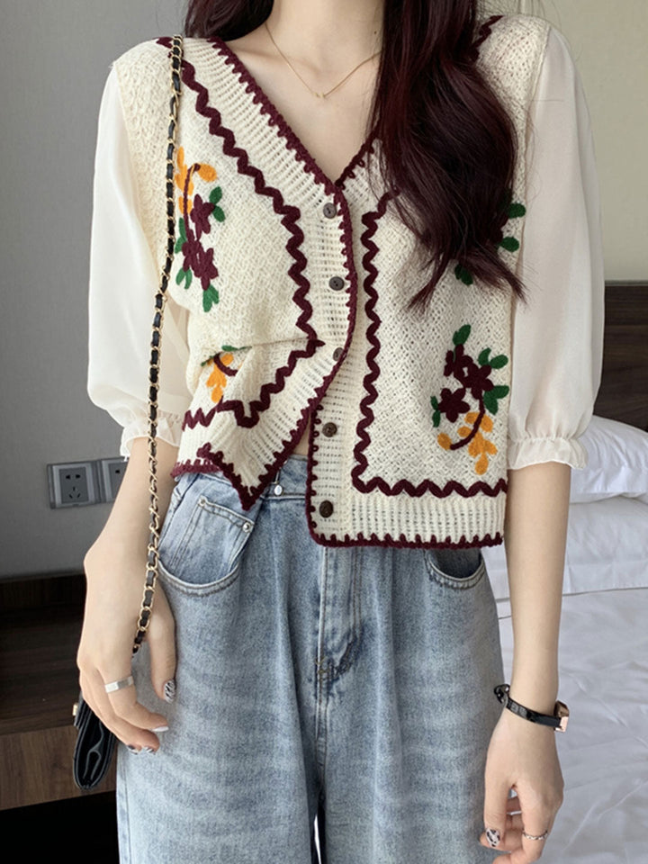 Ava Casual Puff Sleeve Embroidered Hollow Top-Coffee