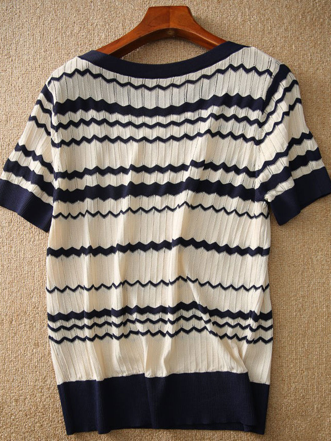 Alexa Casual Crew Neck Jacquard Cutout Striped Sweater