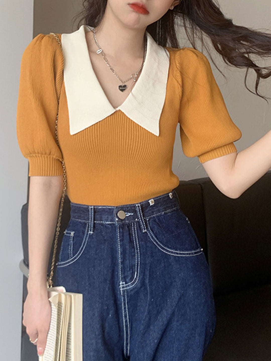 Alexis Retro Lapel Puff Sleeve Knitted Tops-Yellow