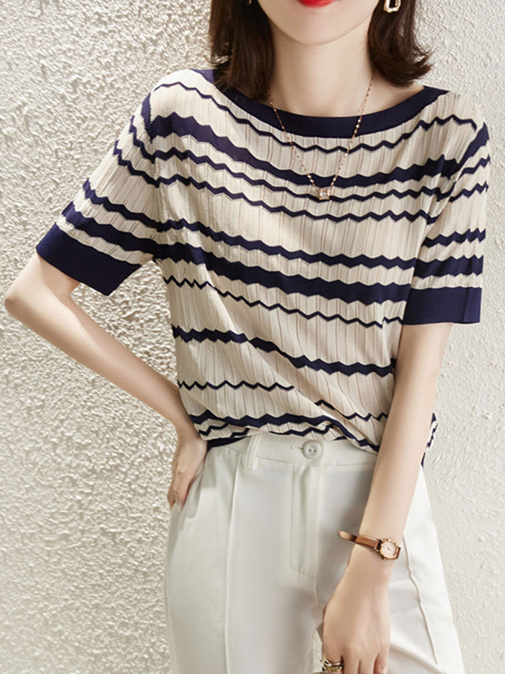 Alexa Casual Crew Neck Jacquard Cutout Striped Sweater