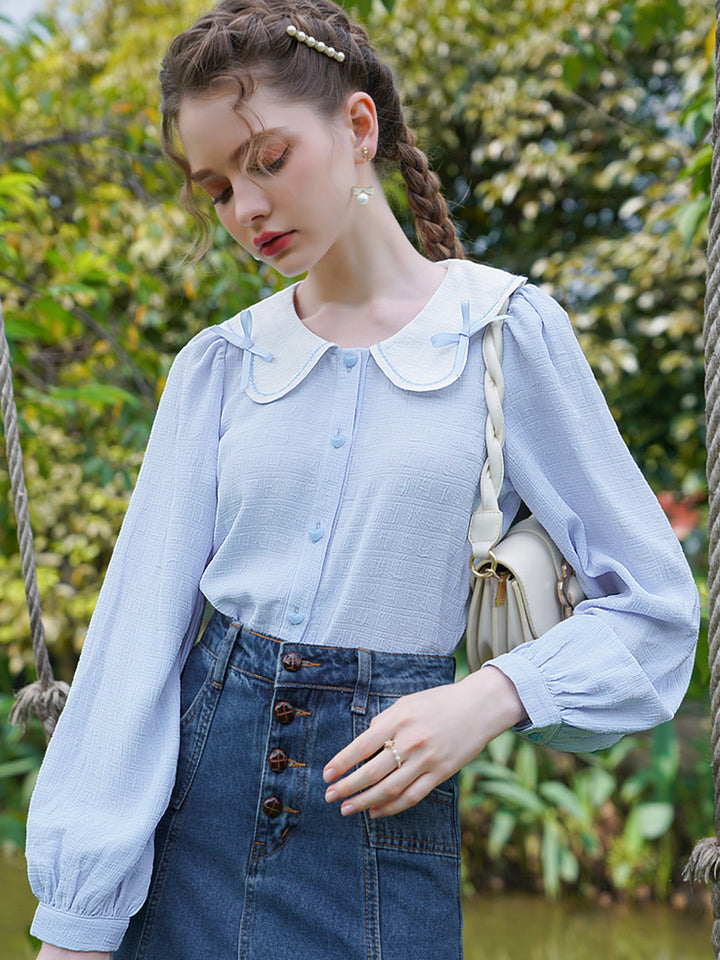 Dana French Style Doll Collar Blue Plaid Shirt